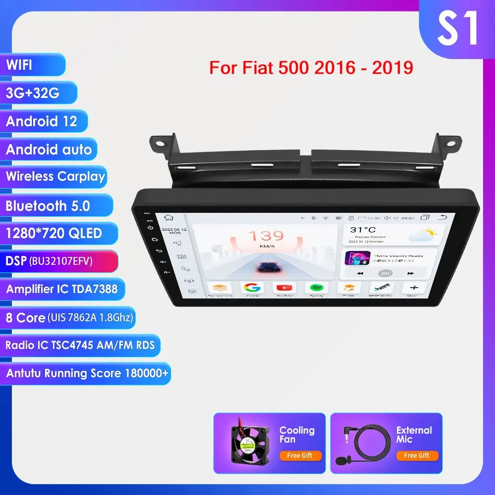 Hizpo 9 ''Draadloze Carplay Android Auto Auto Multimedia Speler Voor Fiat 500 2016 2017 2018 2019 Carplay 4G Autoradio 360 ° Camera