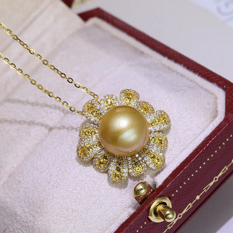 

925 Sterling Silver Natural Golden Real ROUND Pearl Pendant Necklace South Sea AAAA 10-11mm Nice Gift 18 Inch Free Shipping