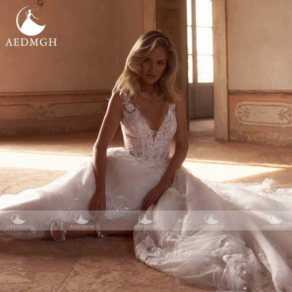 Aedmgh A-Line vestidos De Novia elegantes festoneados sin mangas Vestido De Novia bordado De encaje Vintage Vestido De Novia hecho a medida