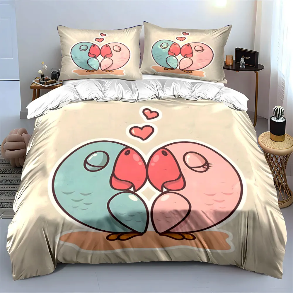 Cartoon lovebirds showing affection Printed Duvet Cover Set 1 Duvet Cover+2 Pillowcase Multi Size Bedroom Bedding Decoration