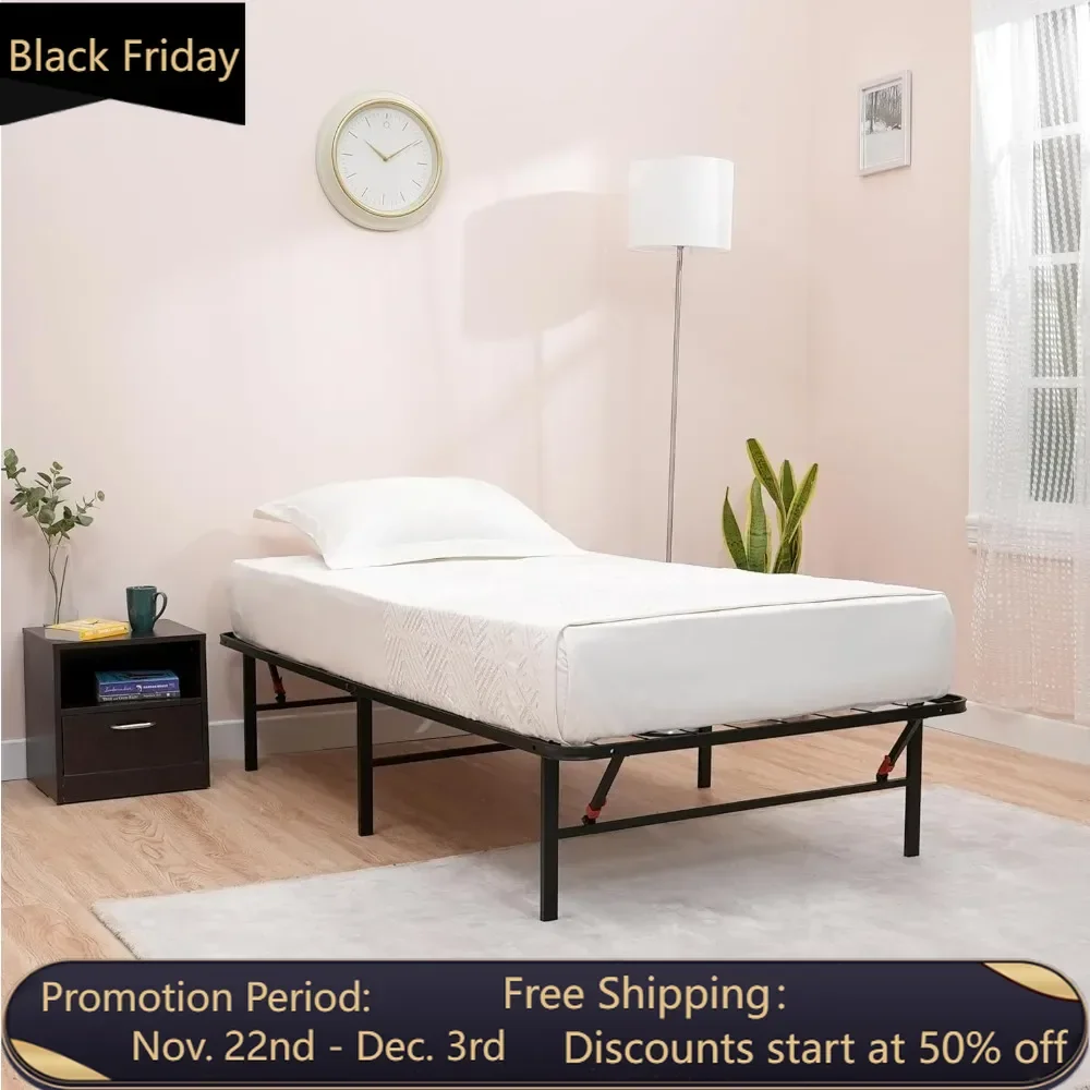 Foldable metal bed frame, tool free setting, 14 inches high, sturdy steel frame, no need for spring box, twin beds, black