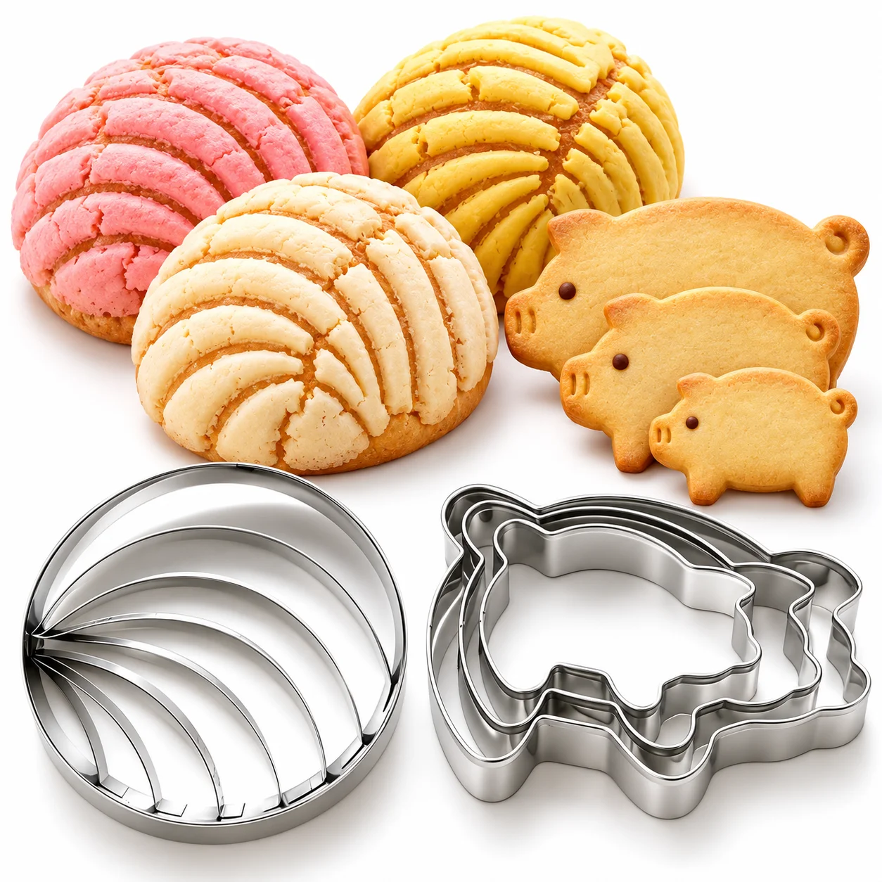 4-teiliges mexikanisches Brotform-Set aus lebensmittelechtem Edelstahl, antihaftbeschichtet, 3 Größen, Schweinchen-Concha-Stempel für Kekse, Gebäck, DIY-Backzubehör für zu Hause