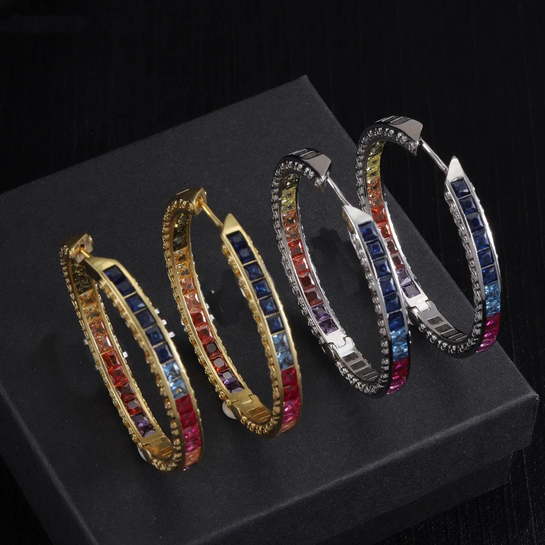 Luxury Design Gold and Silver Color Large Circle Circular Hollow-Out Earring with Colorful Square Zircon for Women Gifts