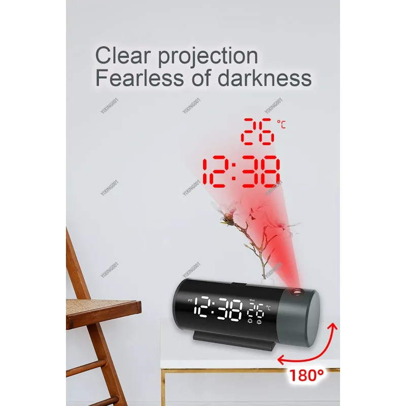 Digital LED Projection Alarm Clock 180° Rotatable 4-Level Brightness Dimmer for Bedroom