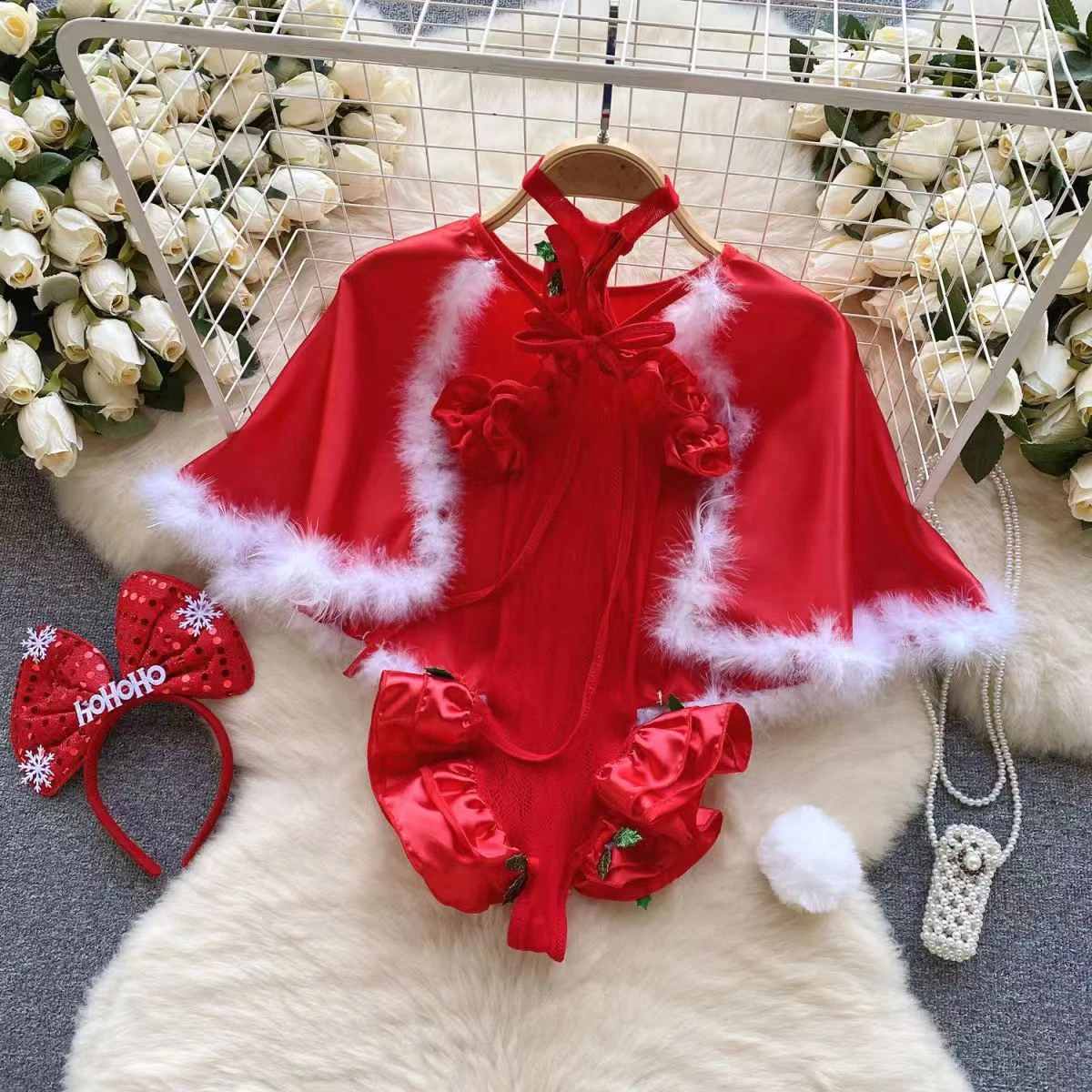 Red Christmas Sexy Lingerie Shawl Set Halter Jumpsuit Lace-up Casual Cosplay Costume Woman Clothes Skinny Bodysuit Suit Hotsweet