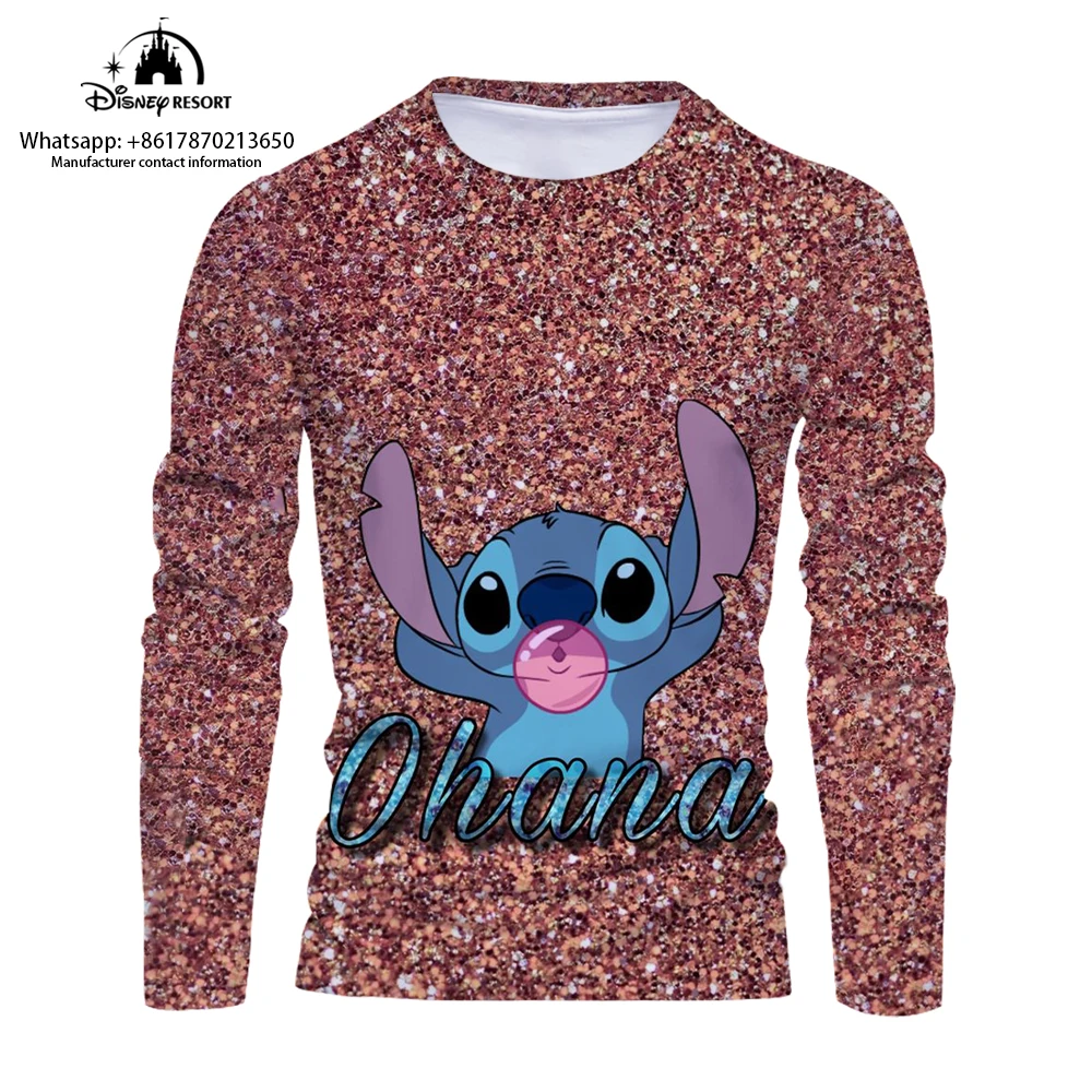 Cartoon 3D comfortable men's long-sleeved T-shirt 2024 new fashion casual men's bottoming shirt cute Stitch T-shirt