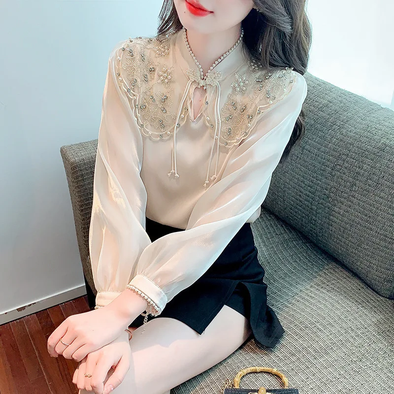 #2576 Beige Vintage Blouse Women Stand Collar Pearls Hollow Out France Style Long Sleeve Blouse Female Embroidery Spring Autumn