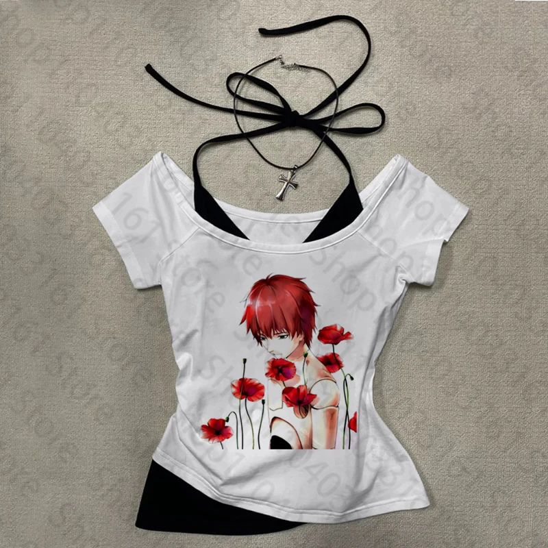 Vintage Letter Print Women T-shirt 2000s Tops Summer Sexy Slim Girls Sense Short sleeved white Y2k Style O-neck Tops Y2k Emo Gir