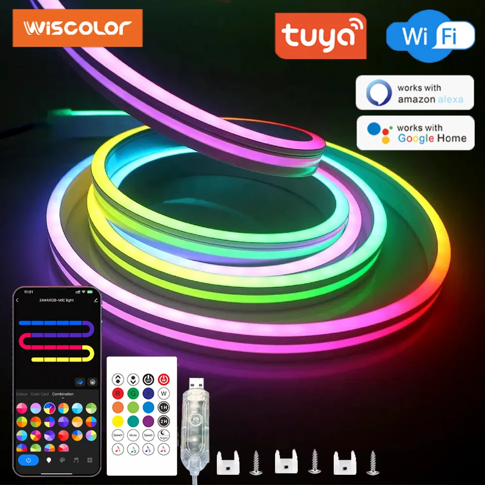 

WISCOLOR 5V TUYA WIFI LED Neon Rope Lights 1M 2M 3M 5M RGBIC Waterproof Music Sync Voice Control For Outdoor Room Bar Decoration