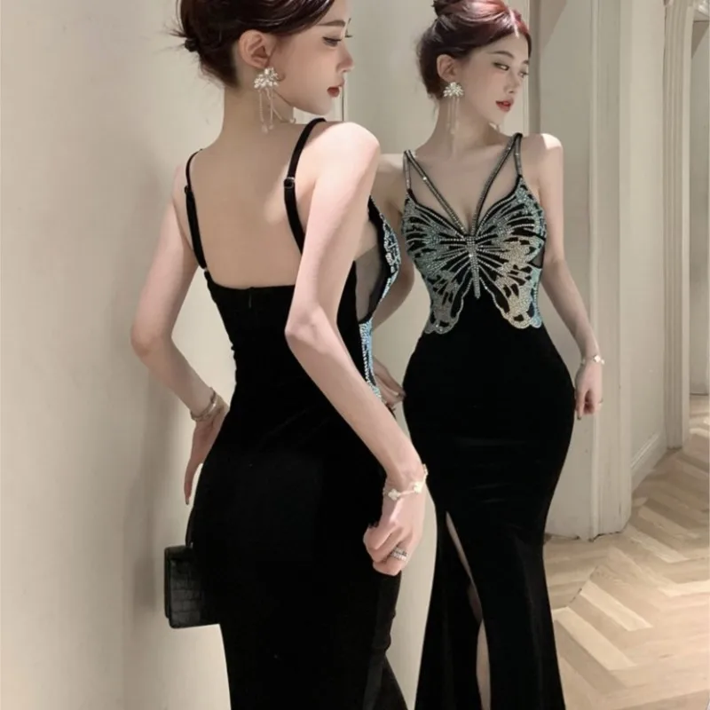 

Hepburn style black velvet halter women's slim-fit fishtail wrap hip dress