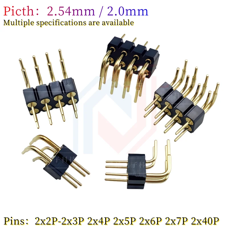 Gold-Plated Double-Ended round Pins 2.54MM/2.0MM Pitch 90-Degree Curved Insertion 2x2P/4P/6P/8P/10P-40P Connector for Electronic