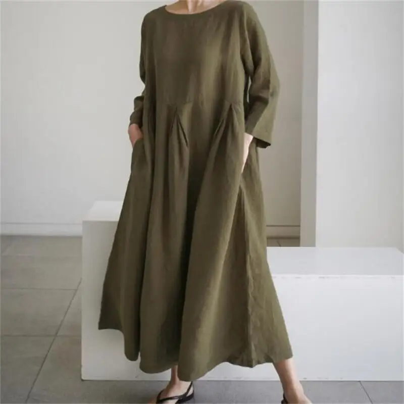 Frühling Herbst frauen Literarischen Vintage Einfarbig Casual Robe Weibliche Rundhals Baumwolle Leinen Komfortable Kleid Damen Vestidos