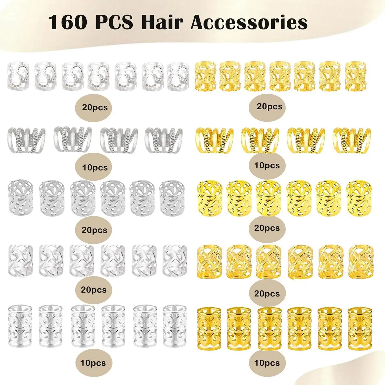 

Electroplated Dreadlock Braid Set Gold Silver Hollow Rings Hair Extension Loops Cuffs Decorative Accessory 160pcs