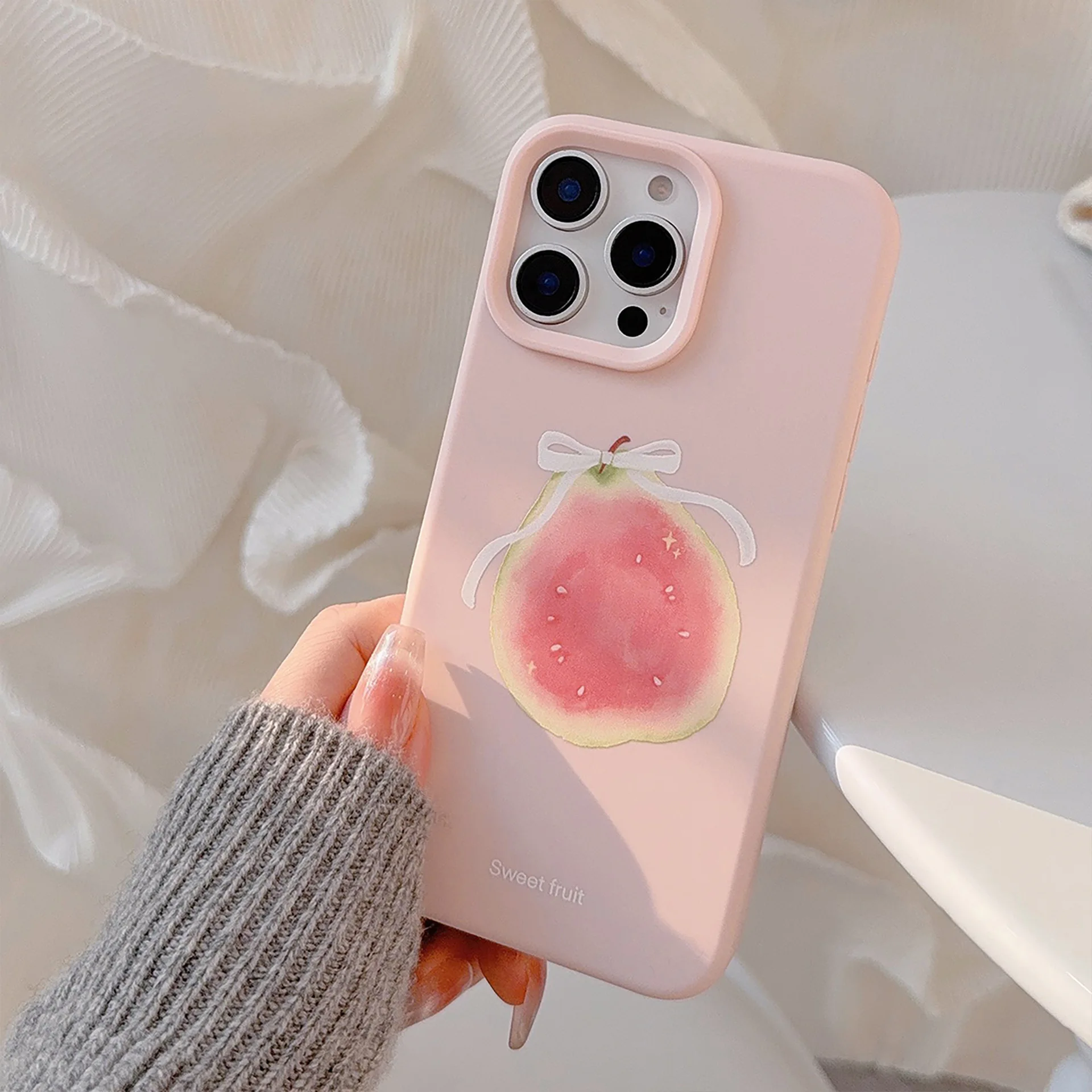 Koreanische Cartoon-Frucht-Rosa-Guava-Schleife, weiche Silikon-Handyhülle für iPhone 17, 16, 15, 14, 13, 12, Pro Max, stoßfeste Schutzhülle