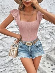 Women's Clothing Tank Top Eyelet Tiered Flutter Sleeve Tank Top Elegant Square Neck Slim Top Butterfly Sleeve Square Neck Tee Fo