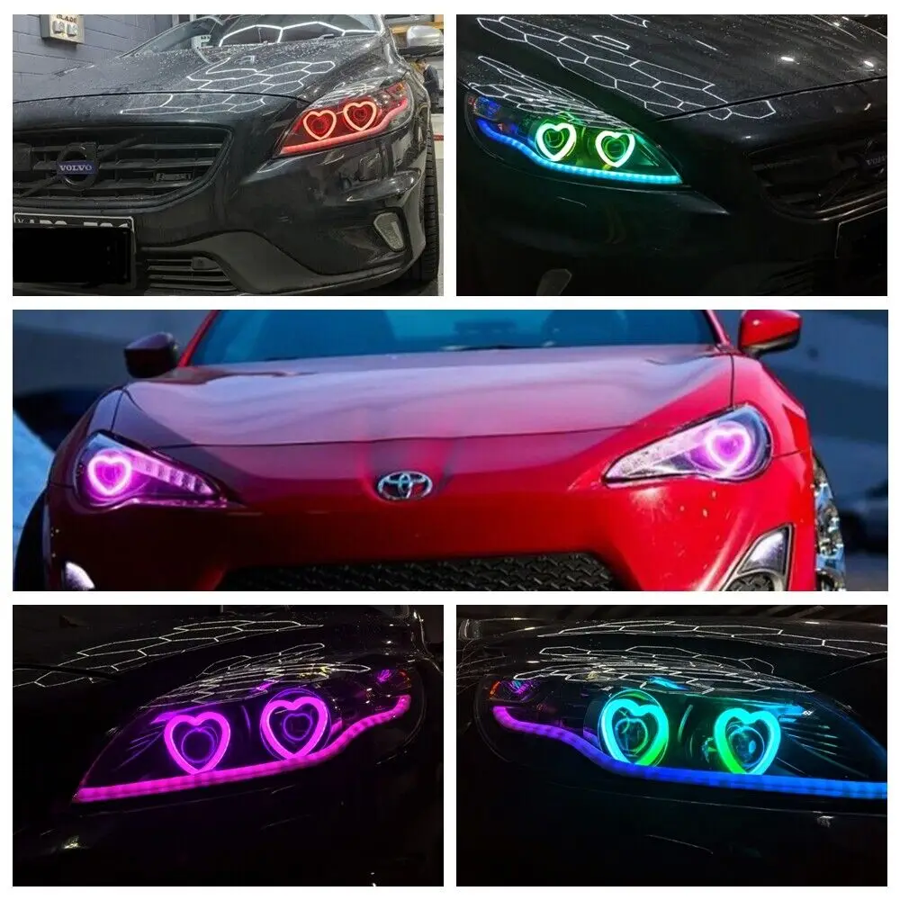 SANVI 2pcs Heart-Shaped SRGB Angel Eyes Halo Light Bluetooth App Control With with Amber Turning Light Car Light Accessories