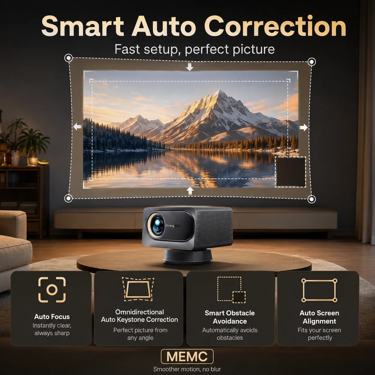 Proyector 700 CVIA Lumens, 4K nativo real, Smart UHD, Amlogic T982, 2GB+32GB, WiFi 6, FengOS 3.0, enfoque automático y corrección