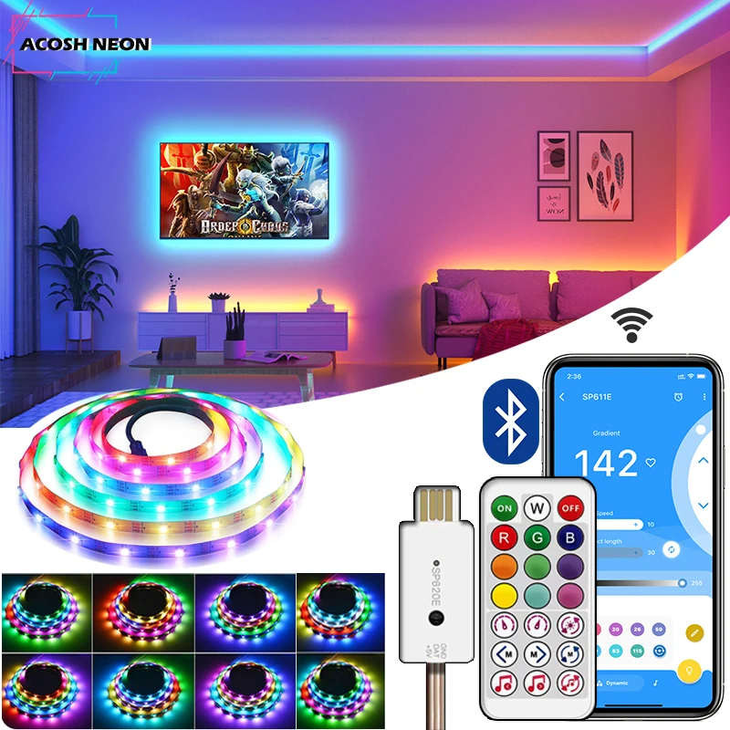 

LED Strip Lights USB Flexible Light 5V Ribbon Diode 10M Bluetooth Lights RGBIC Flexible Tape with Chase Effect Indoor Lighting