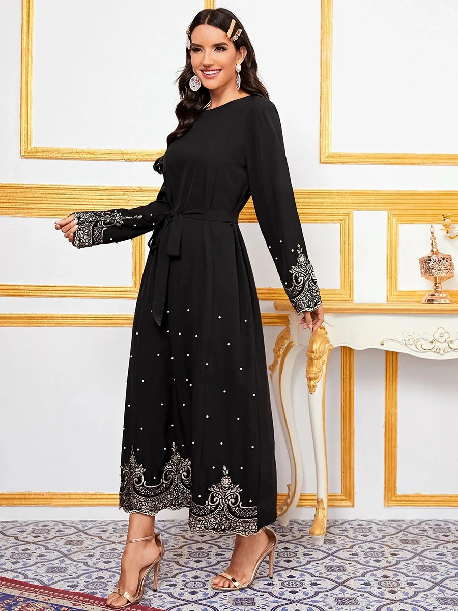 Embroidered Beaded Dress Women Abayas Long Sleeve Muslim Dress Lace-up Abayas for Women Dubai Turkey African Islamic Clothing