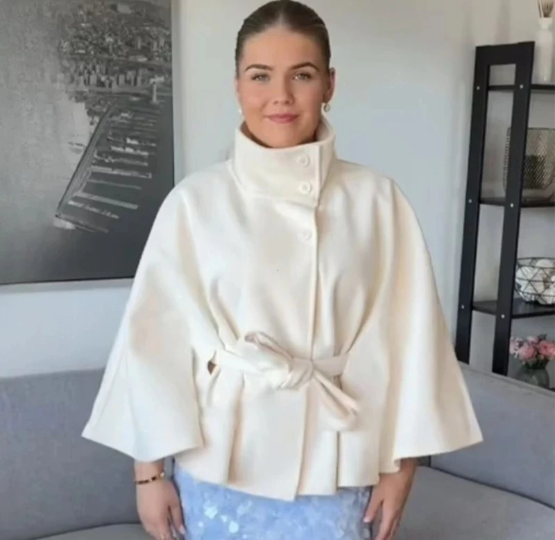 معاطف كيب قصيرة للنساء معاطف خليط الحزام للخريف والشتاء معاطف صلبة أنيقة عباءة سترة للسيدات #6