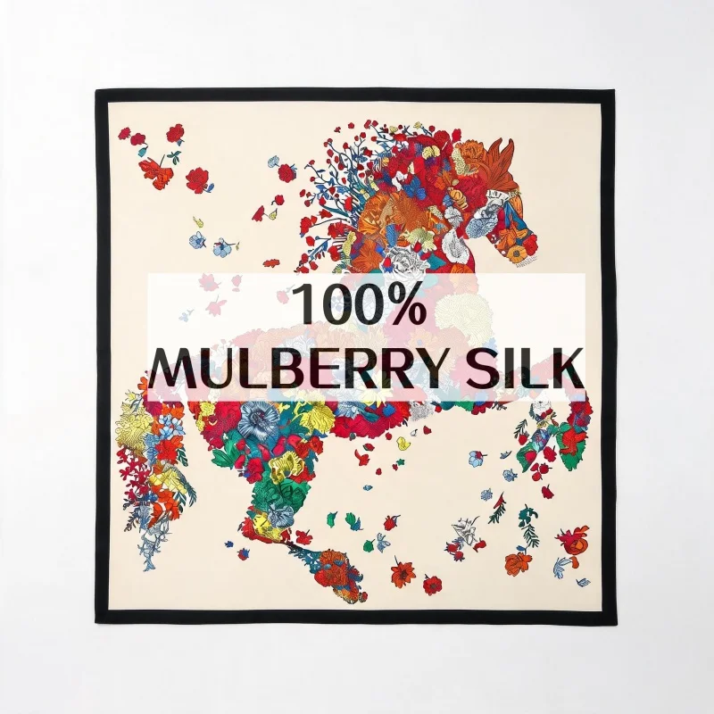 

65x65CM 100% MULBERRY SILK Square Scarf Vintage Floral Horse Art Print Satin Bandana Women Neck Tie Bag Ribbon Hair Accessories