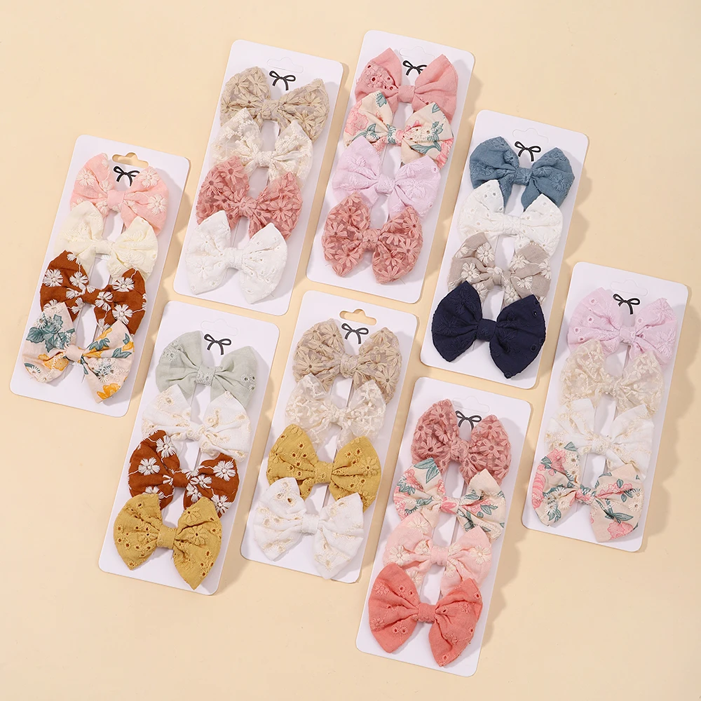 4Pcs/Set Sweet Lace Printed Bowknot Hair Clips For Cute Girls Handmade Hairpin Boutique Barrettes Headwear Kids Hair Accessories