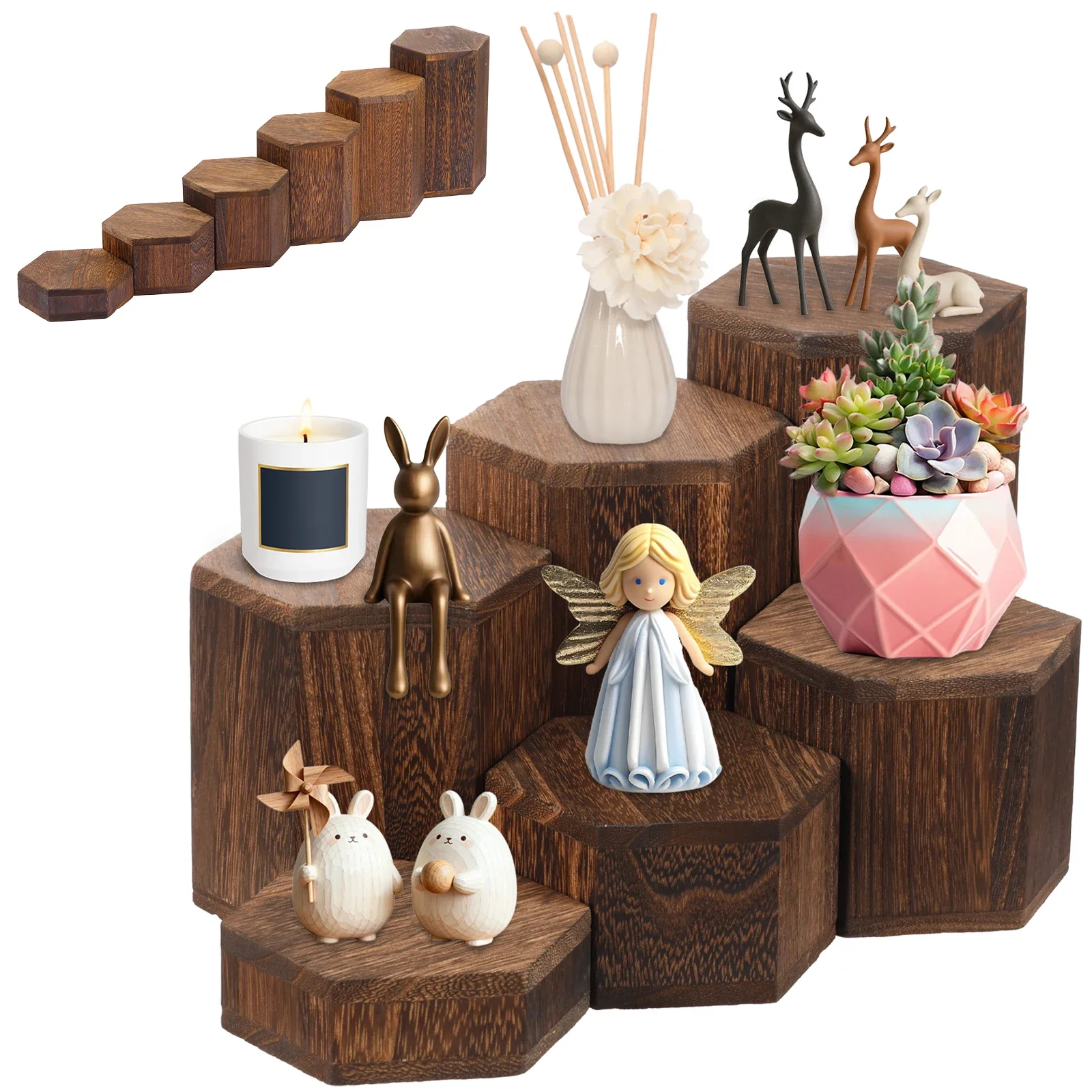 Wooden 6-piece Hexagonal Display Rack Suitable for Showcasing Jewelry and Accessories Brown Cube Storage Rack Gift Storage