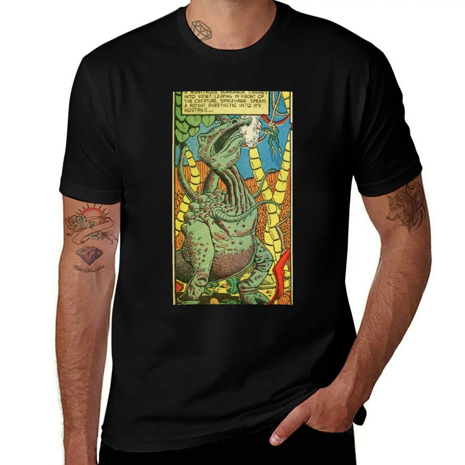 

Spacehawk vs. the Monstrous Hornosaur! T-Shirt man t shirt summer man t shirt graphic T-Shirt
