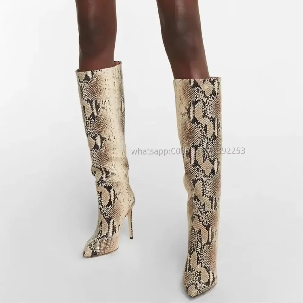 

Snakeskin Stiletto Knee High Boots Pointed Toe Patchwork Large Size Solid Women Booty Pull On Sexy Mid Calf Boots 2024 Autumn