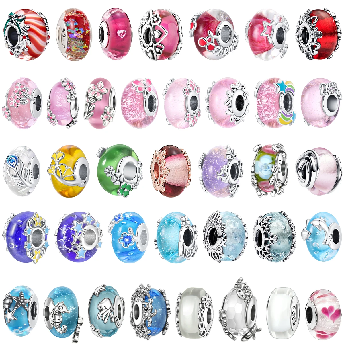 

Hot Sale 925 Sterling Silver Colorful Flower Murano Glass Charms Fit Original Bracelet Necklace Rainbow Murano Glass DIY Jewelry