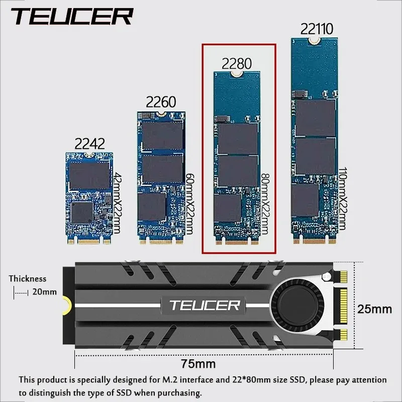 TEUCER 2280 SSD 방열판 M.2 NVME 라디에이터, 공기 순환 냉각기, 열 실리콘 패드 포함 PC 효율적인 라디에이터