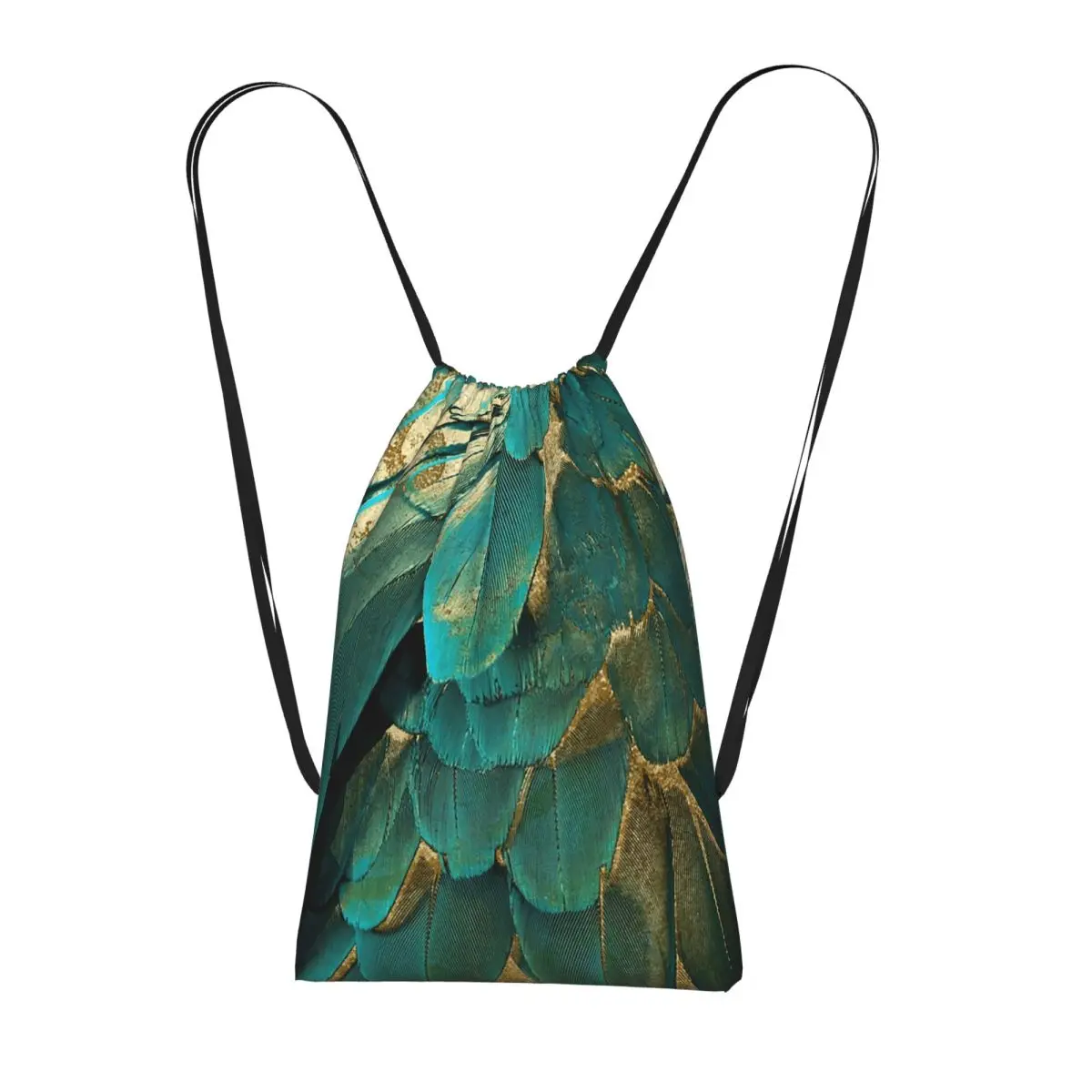 Feather Glitter Teal And Gold Drawstring Backpack Sports Gym Bag Portable Travel Drawstring Bag for Men Women