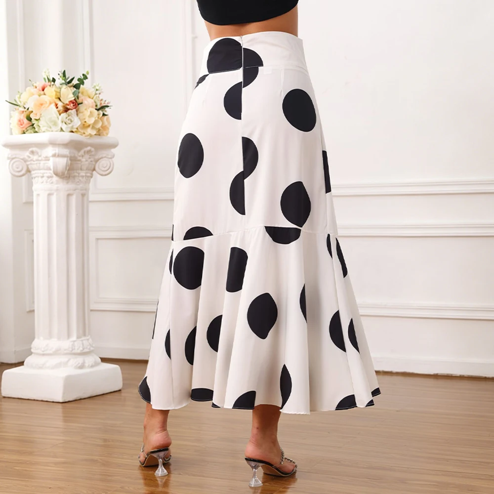 New High-waist Polka Dot Printed Skirt Elegant Ruffle Hem Slit Mid Length Skirt Loose Irregular A-line Skirt Fashion Women Skirt