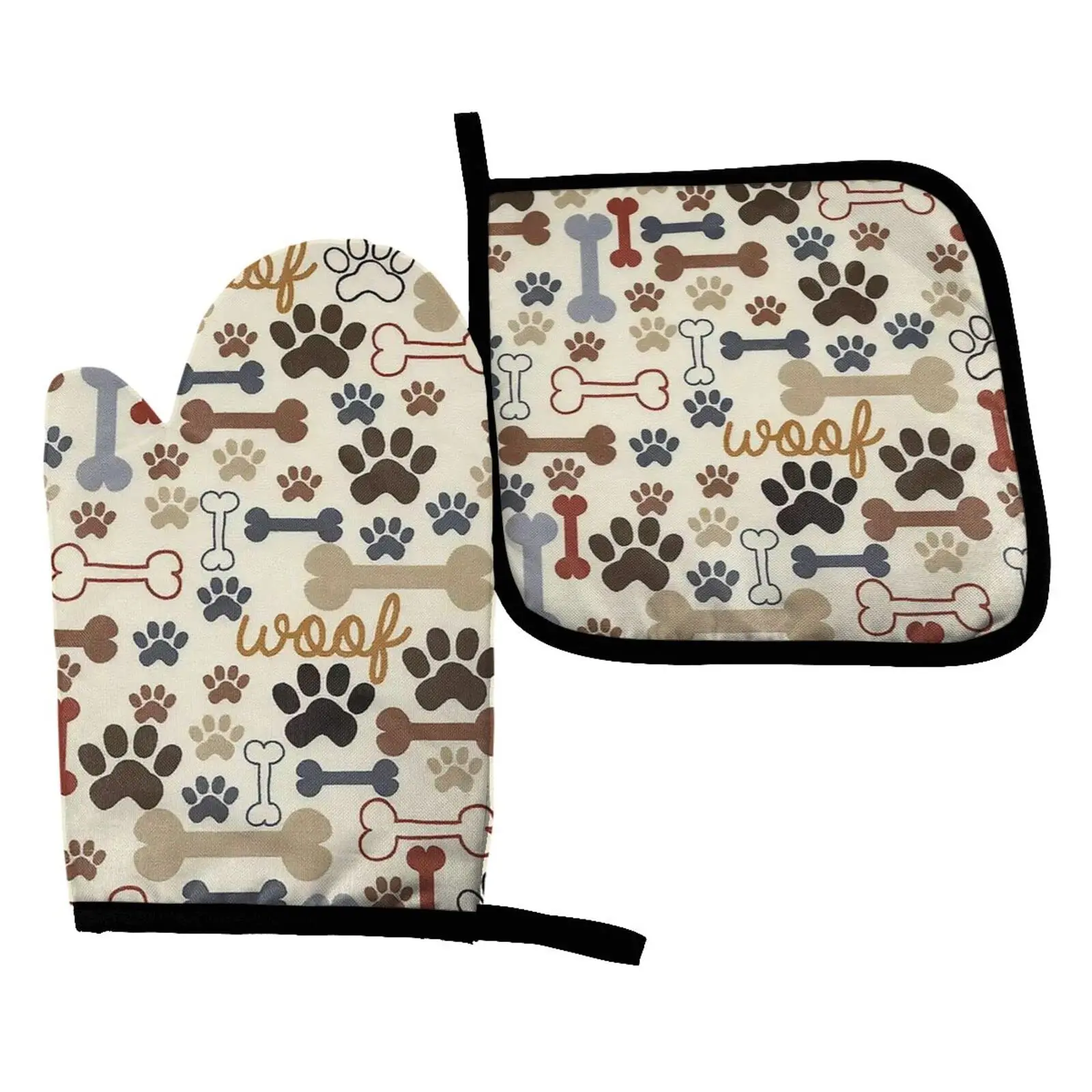 

Dog Paw Prints Bones Oven Mitts and Pot Holders Sets Heat Resistant Kitchen Oven Gloves Mats for Holiday Cooking Baking BBQ