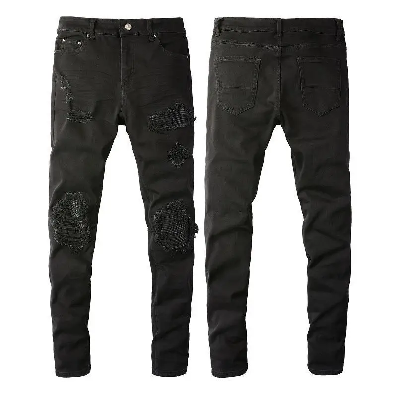 High Street 2025 Korean Luxury Clothing Brand Black Jeans Men's Scratched Patch Beggar Cowboy Elastic Slim Small Foot Pants
