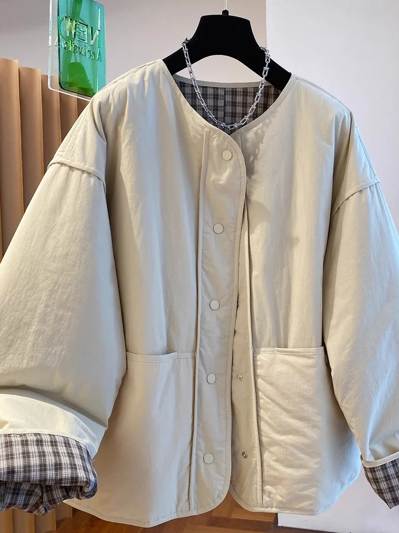 

Large Size 300 Pou American Sle Cotton Jaet Coat with Big kets ex Loose Warm round Ne down Filled Casual Wear