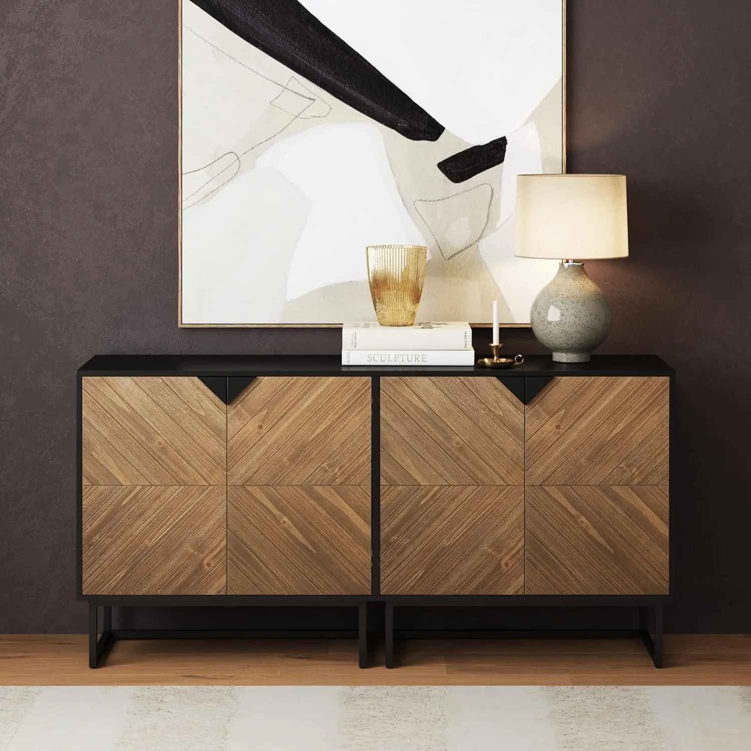 Modern Sideboard Buffet Storage Accent Cabinet, with Doors in a Rustic Wood Finish and Matte Metal Base