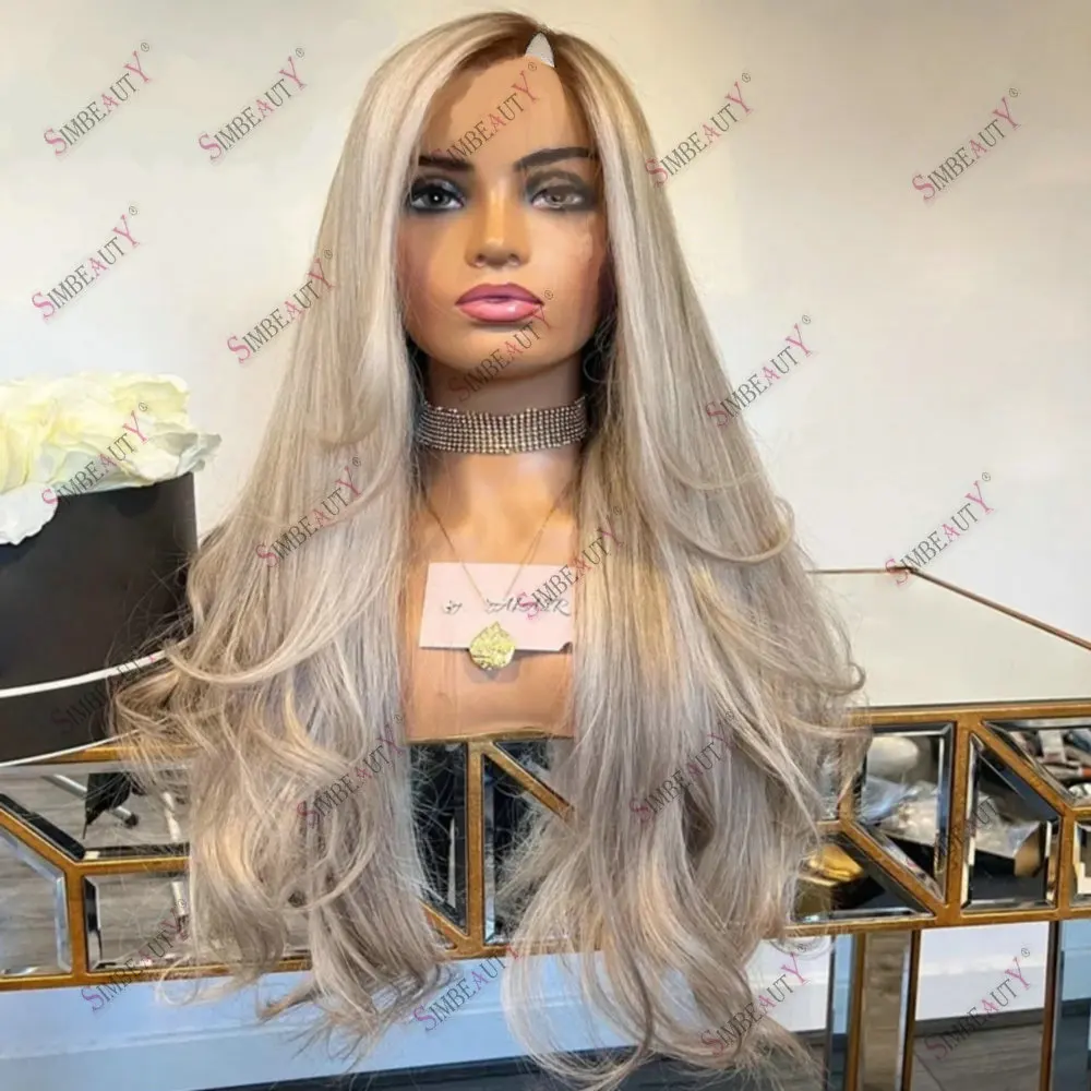 Icy Grey Ash Blonde Highlights Colored Long Wavy U Part Wig Human Hair Full Machine Made for Women Glueless Opening V Part Wig