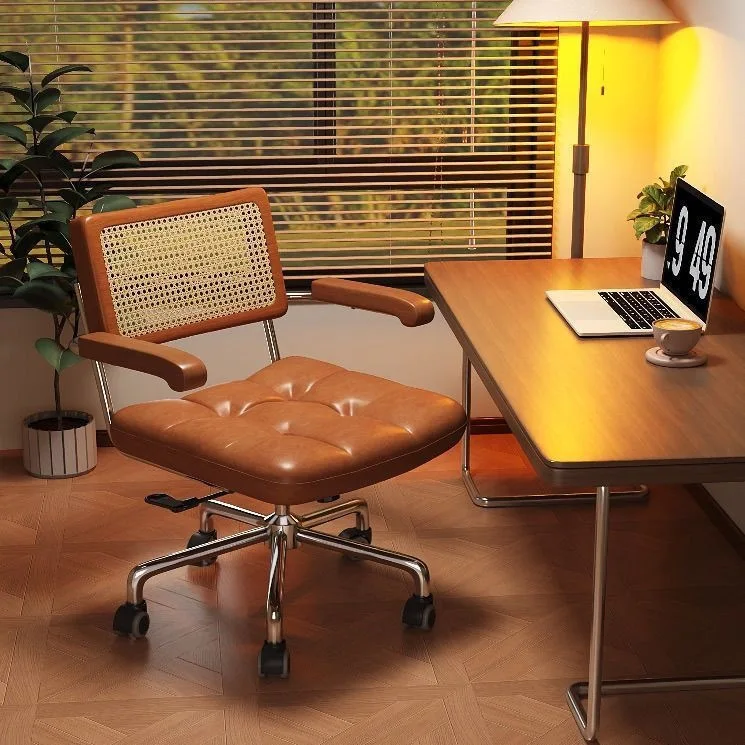 Office Chair Vintage Rattan Back Brown PU Leather Padded Seat Swivel With Wheels Armrest Chrome Base For Home Office Study