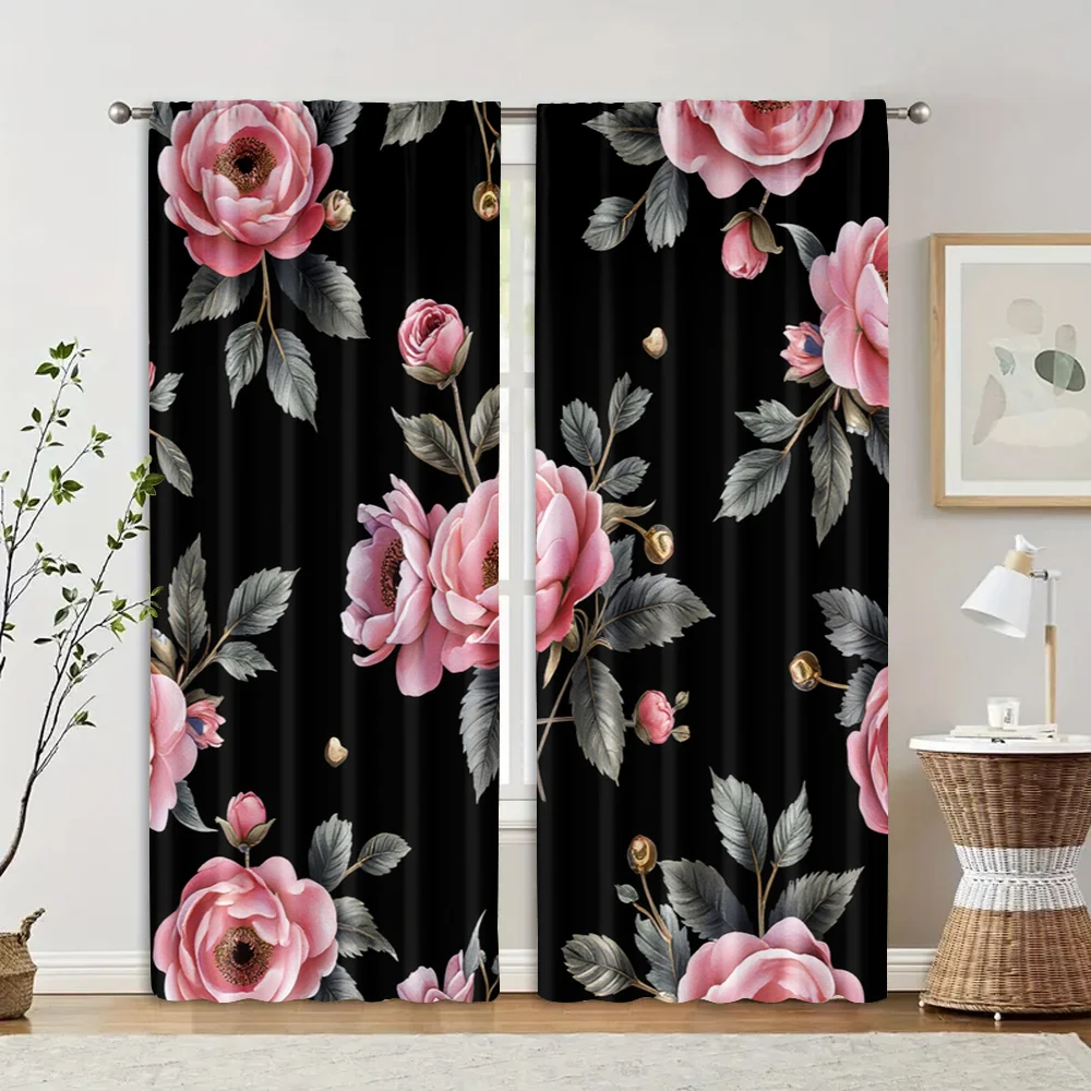 2pcs, Popular Curtain Panels Dark Series Bird and Flower Polyester (without rod) Holiday Use for Bedroom, Office, Living Room,