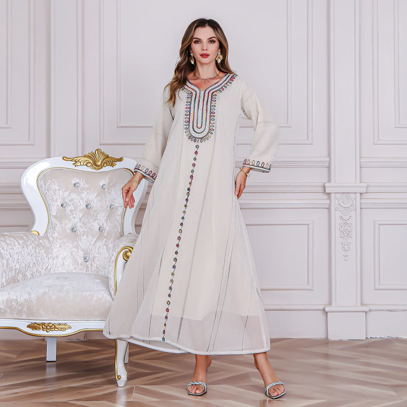 White Abayas Eid Djellaba Ramadan Muslim Women Embroidery Maxi Dress Jalabiya Caftan Marocain Femme Islam Clothing Turkey Kaftan