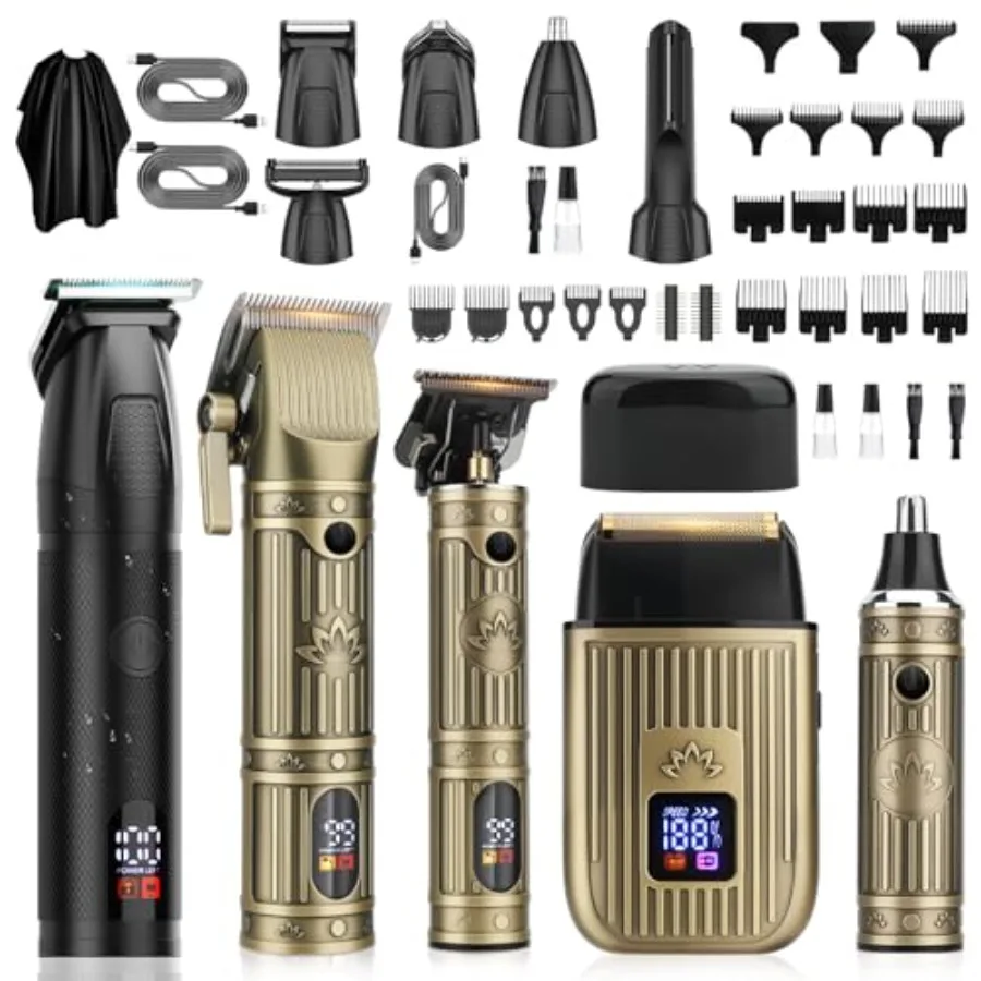 

Professional beard trimmer for men, stainless steel blades, black, 6-in-1 cordless IPX6 waterproof grooming kit for face, musta