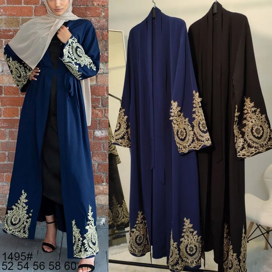 

Middle East Dubai Muslim Women Lace Stitching Fashion Cardigan Slim Robe Dubai Abaya Loose