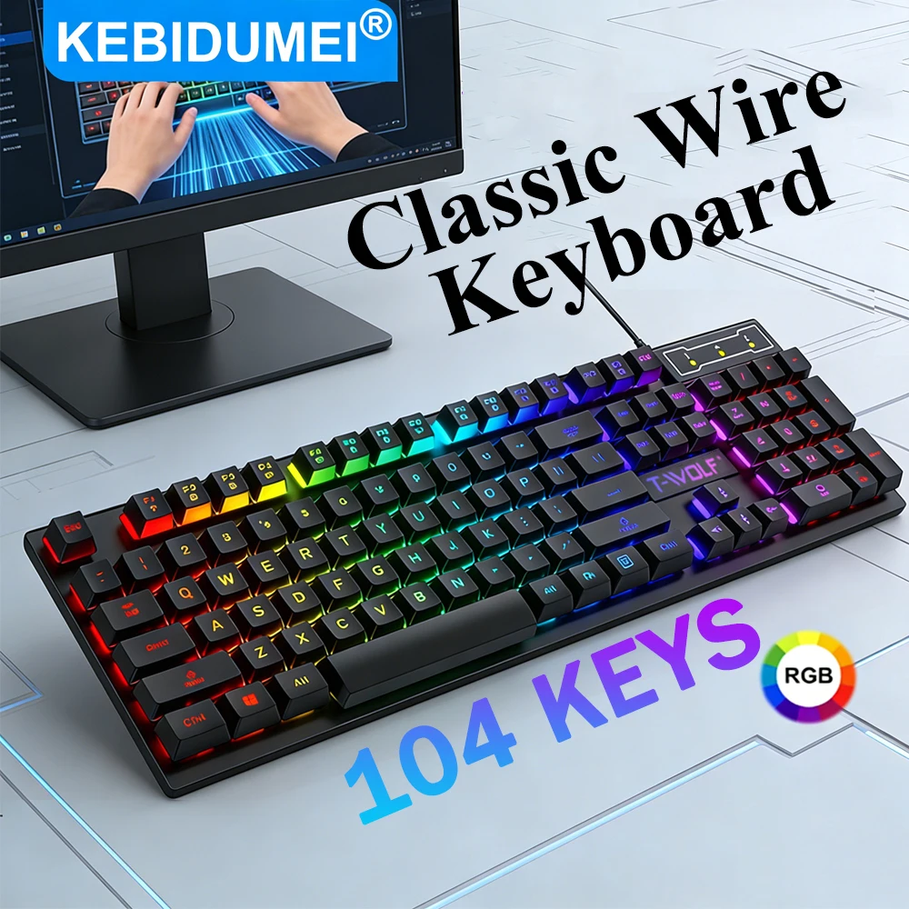 KEBIDUMEI-Teclado RGB con cable, USB, clásico, ergonómico, 104 teclas, accesorio para ordenador, para PC y portátil