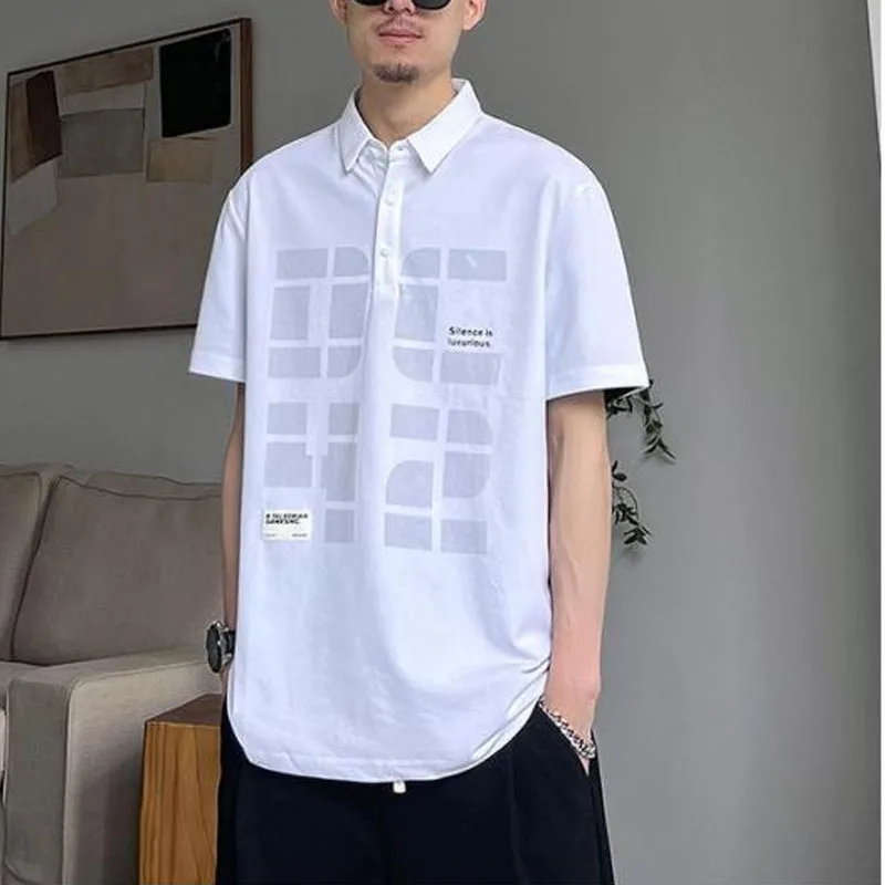 

Business Casual 2024 Summer New Men's Square Collar Printed Button All-match Stylish Loose Trendy Short Sleeve Tops T-shirt