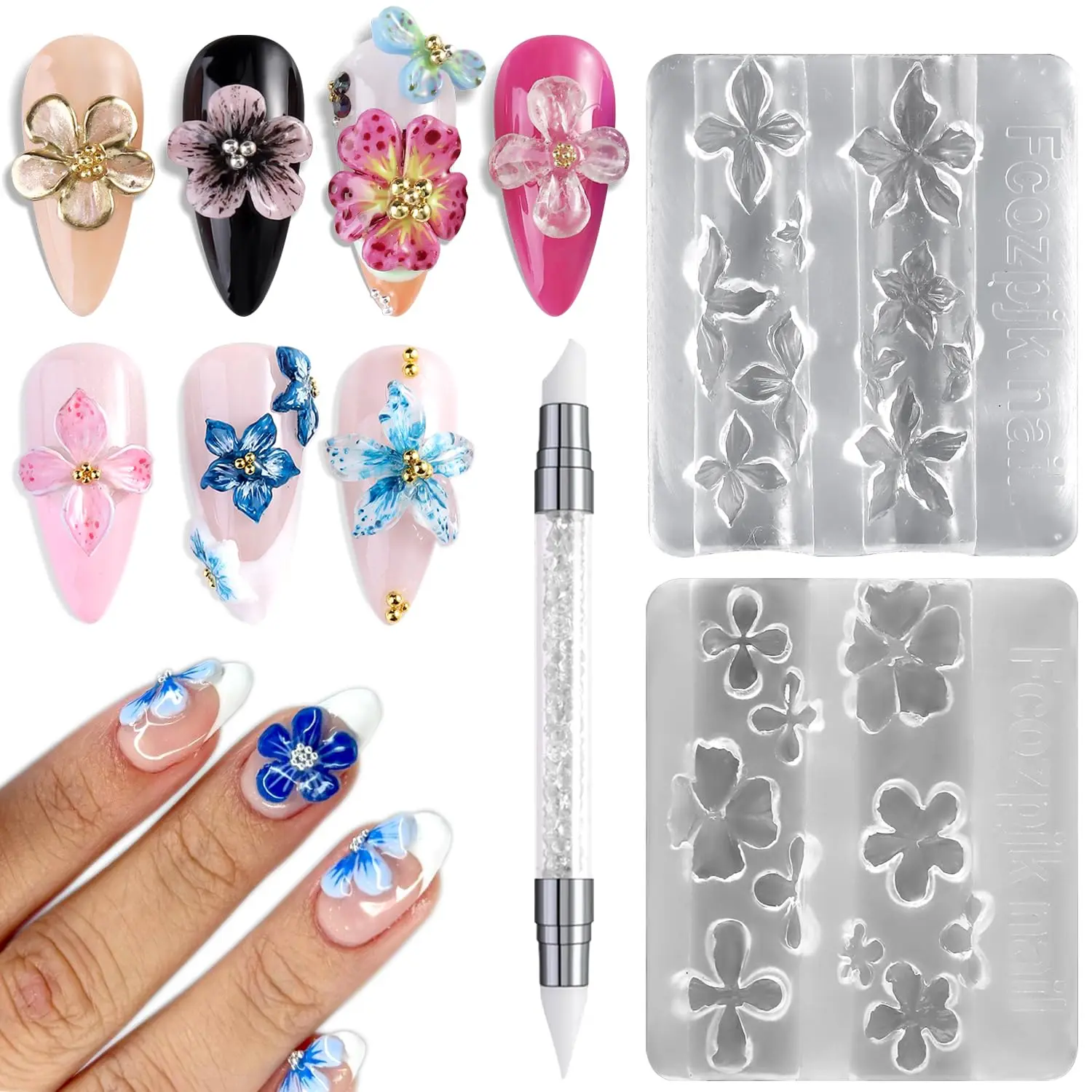 3D Flower Nail Art Silicone Stencil Carving Lily Plumeria Sakura Hawaii Hibiscus Petals Modeling Mold Nails Stencils with Tools#