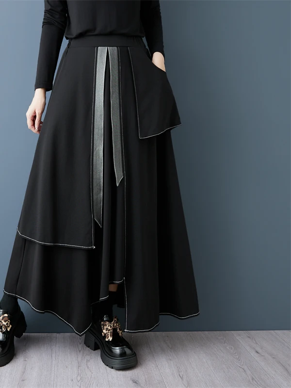 Fashionable Autumn Collection Dark Splice White Line Long Skirt Asymmetrical High Waist A-Line Midi Skirt Casual Polyester Fiber