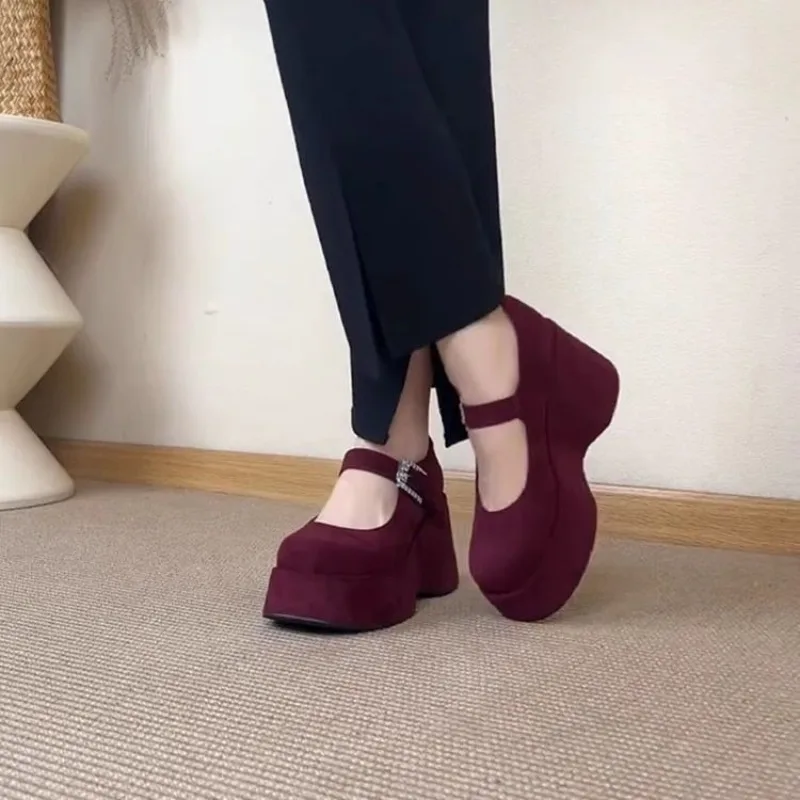 Thick Platform Mary Jane Shoes Women Wedges Bottom Sandals 2026 New Trend Dress Pumps Shallow Mouth Elegant Suede Footwear，35-40 view 3