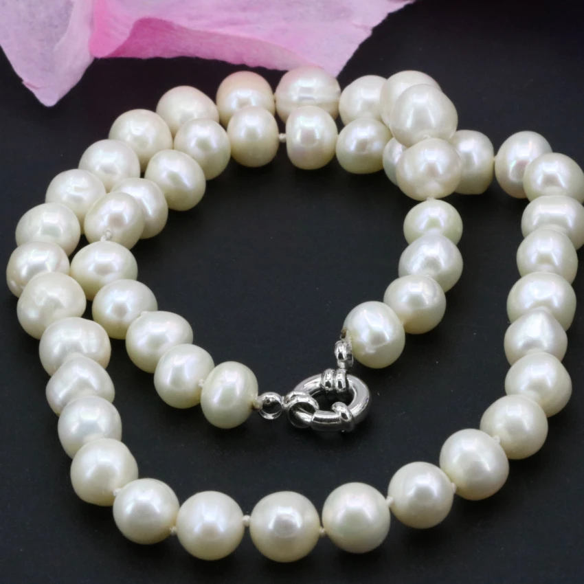 New natural white freshwater cultured pearl 9-10mm nearround beads necklace chain for women elegant choker jewelry 18inch B3236