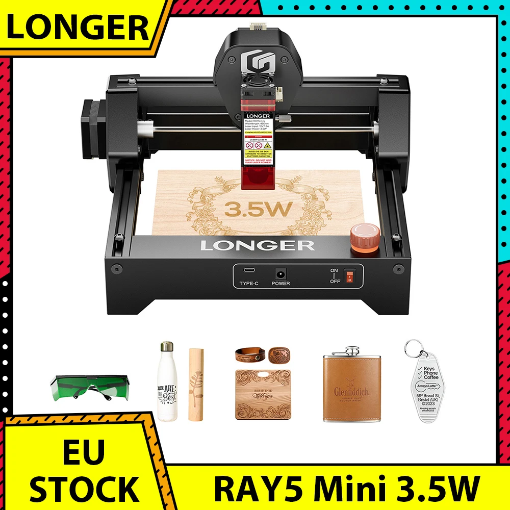 Graveur laser LONGER RAY5 Mini 3,5 W, précision de 0,04 mm, vitesse de 12 000 mm/min pour bois/acrylique/cuir/métal, 130*140 mm